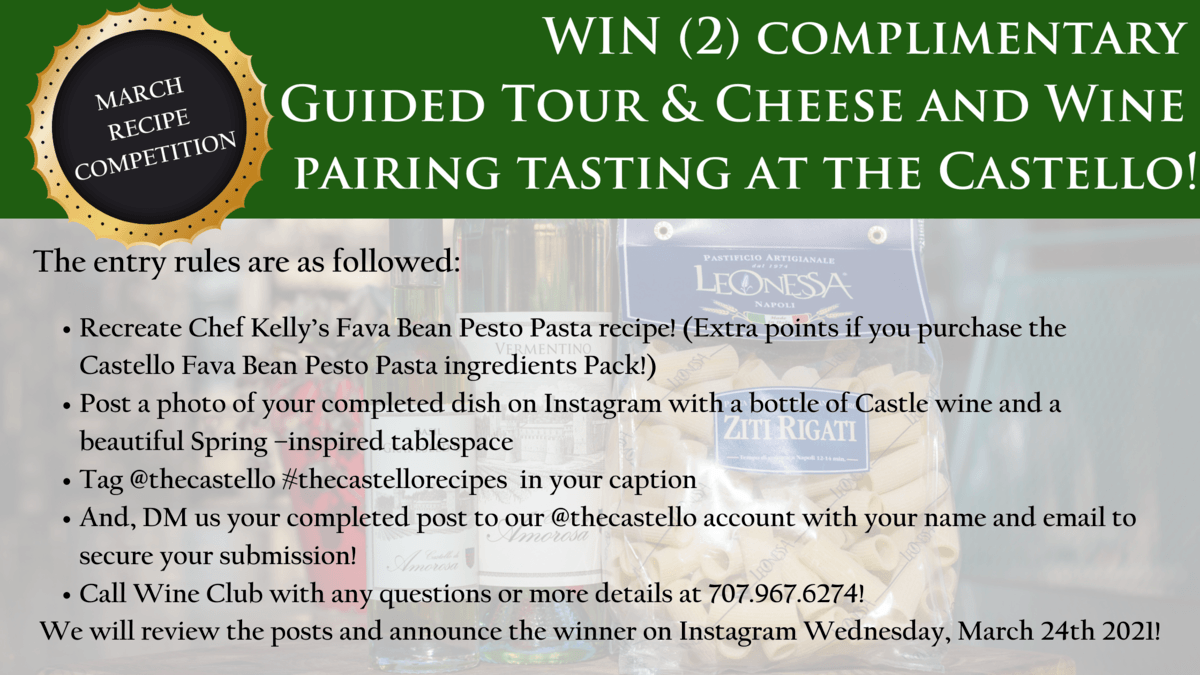 Contest advertisement: Win a guided tour and wine/cheese pairing at Castello. Instructions and rules listed.