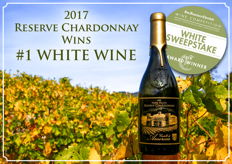 Bottle of 2017 Reserve Chardonnay in vineyard, award winner.