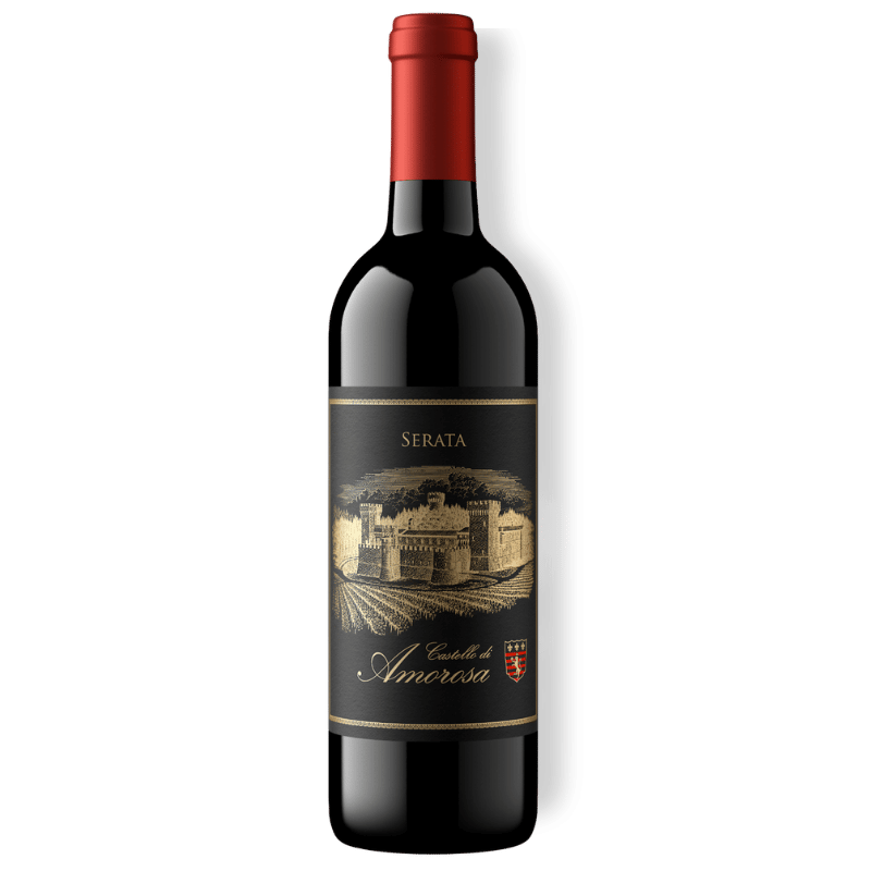 Red wine bottle with a decorative label.