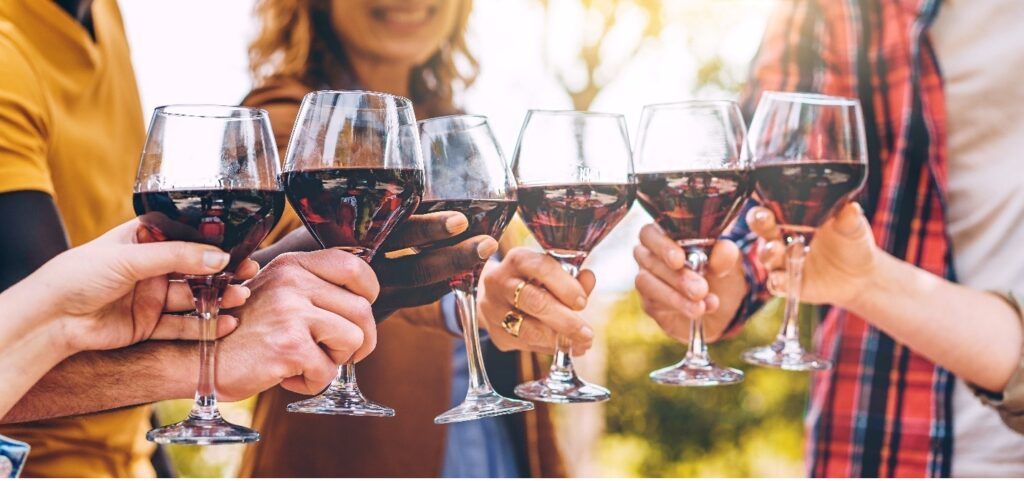 People toasting with wine glasses outdoors.