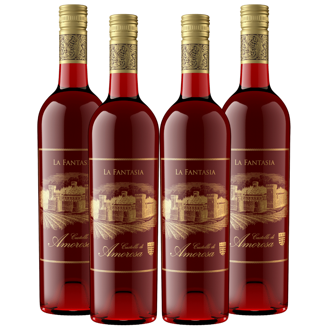 Four bottles of red wine with gold labels and caps.