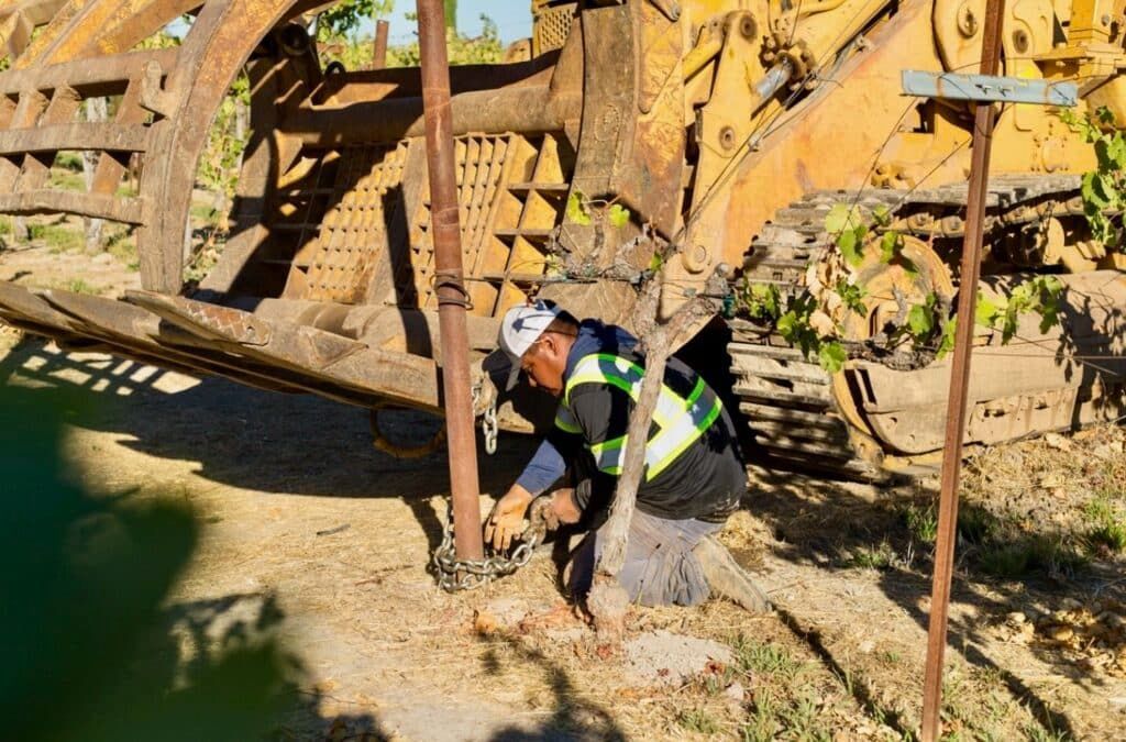 Person in safety vest working near large yellow machinery outdoors.