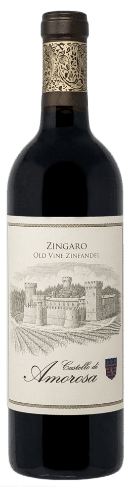 Bottle of red wine, featuring a label with an illustration of a castle and the words 