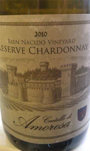 Wine bottle label for 2010 Bien Nacido Vineyard Reserve Chardonnay, Castello di Amorosa, with castle image.