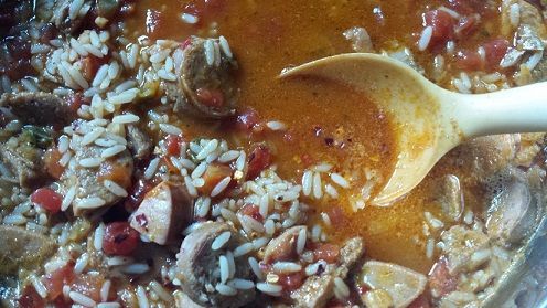 Sausage and rice dish in a pot