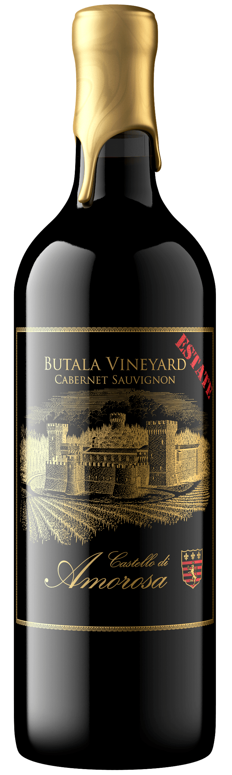 Black wine bottle with gold seal and label.