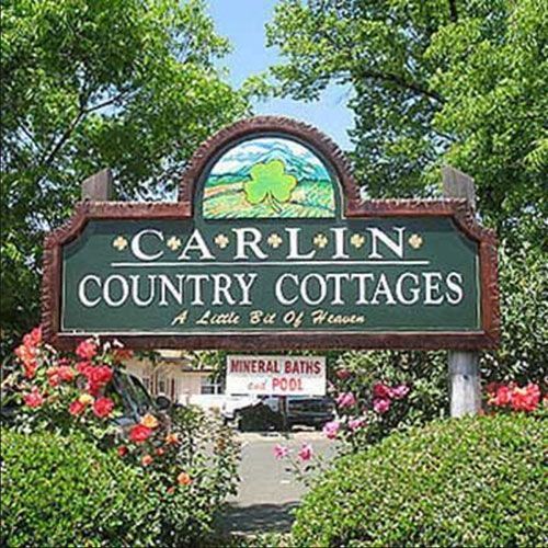 Sign for Carlin Country Cottages with painted landscape, text, and flowers.