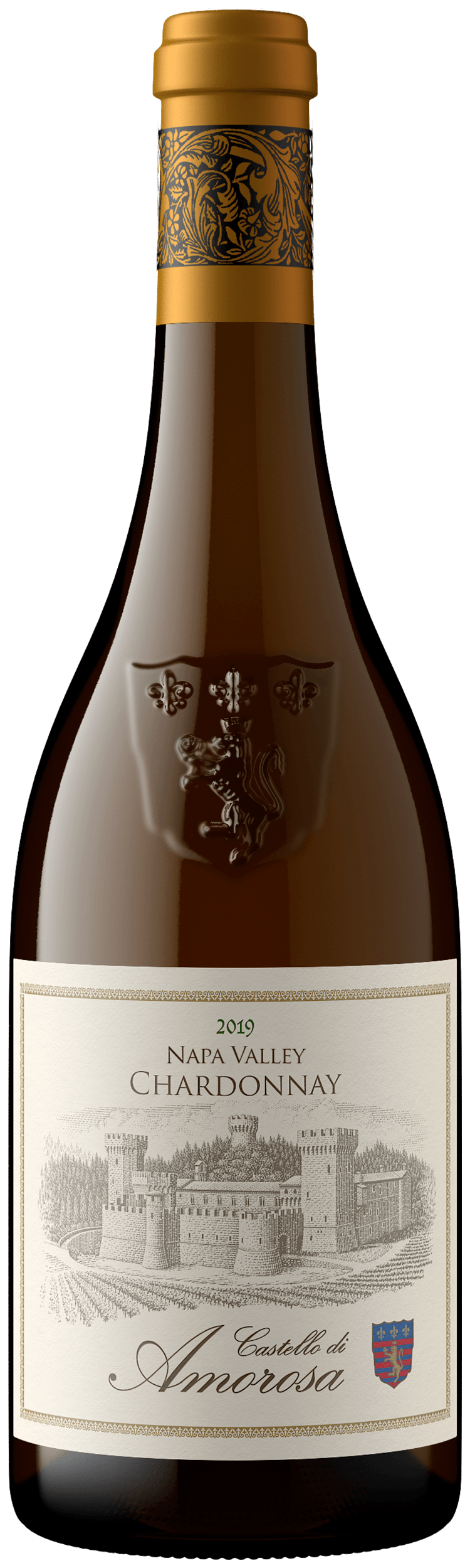 Wine bottle with gold foil cap, label with a drawing of a building, and a purple emblem.