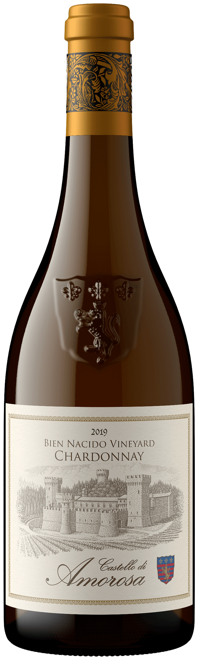 Bottle of wine with a detailed label and gold top.