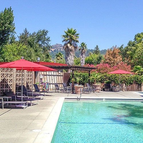 Poolside scene with red umbrellas, lounge chairs, and palm trees. Sunny day.