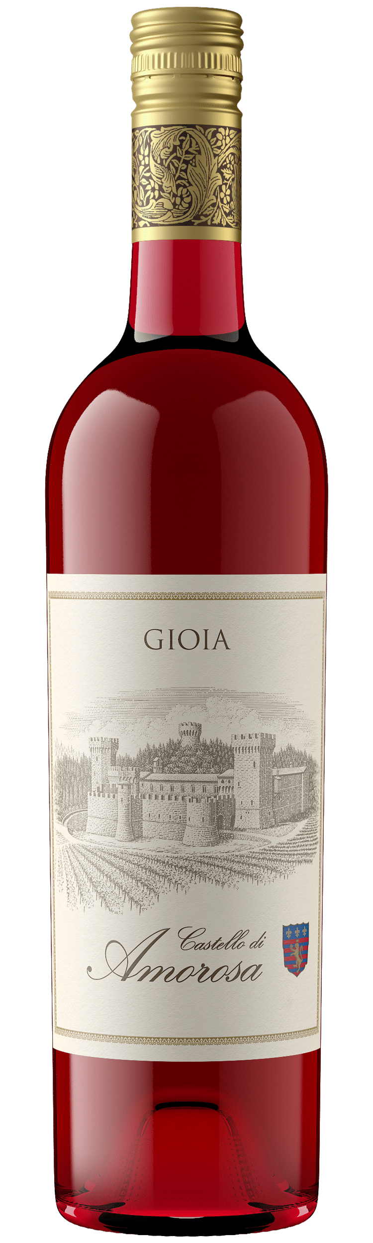 Red wine bottle with a decorative label.