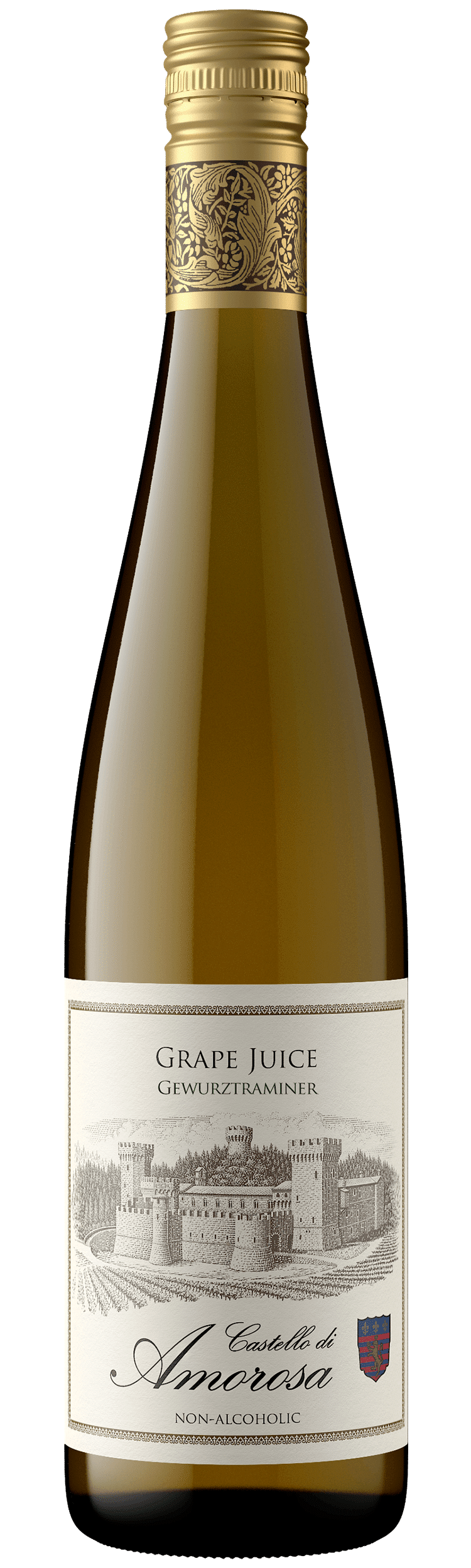 Bottle of white wine with a detailed label featuring a castle illustration.