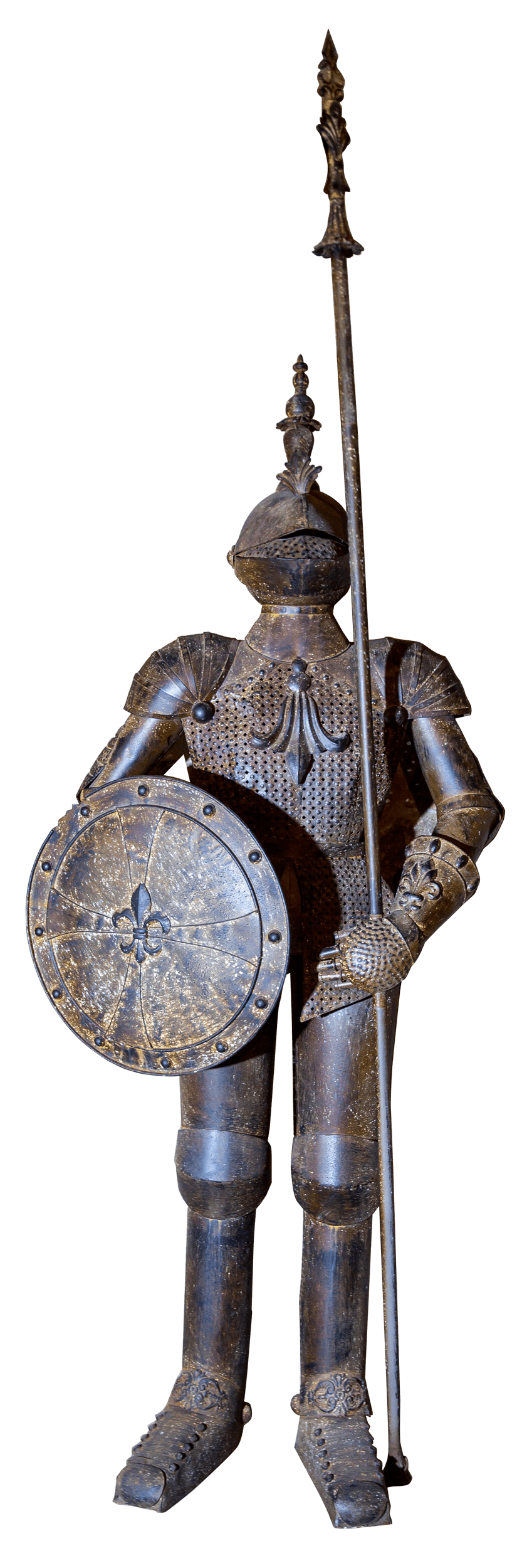 A suit of armor with a shield and spear.