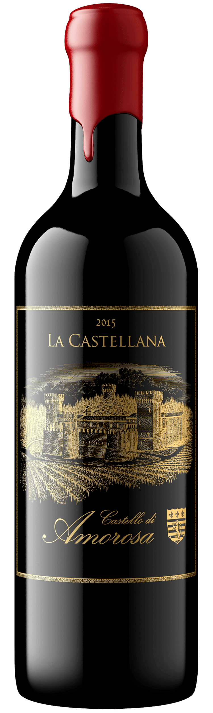 Dark wine bottle with red wax seal; gold label features a building illustration.
