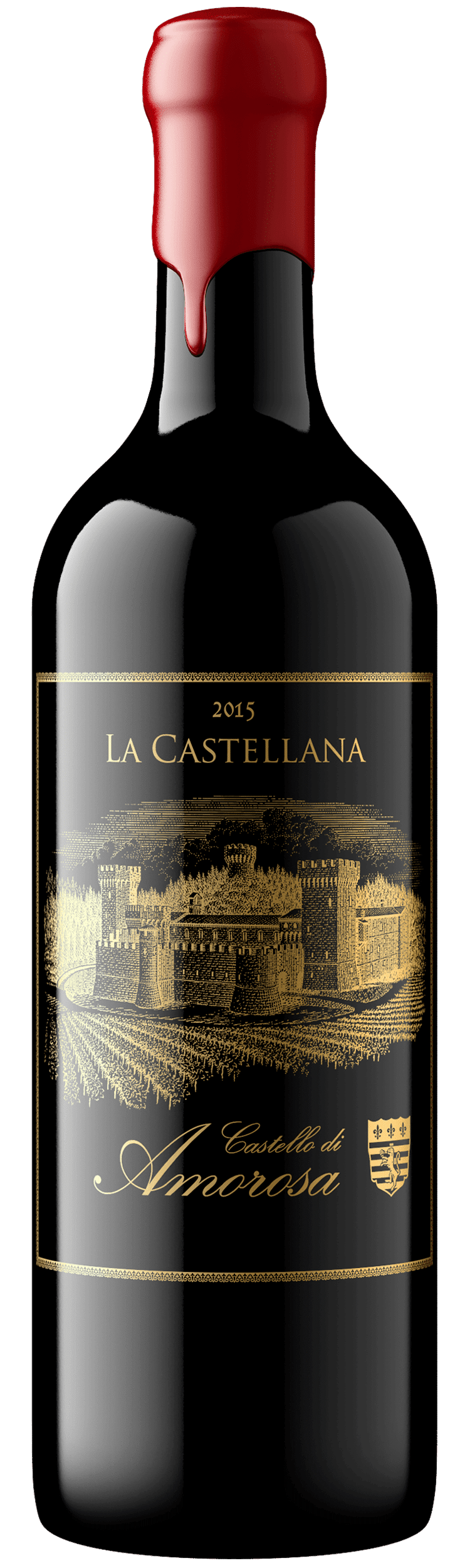 Wine bottle with a dark label, featuring gold text and seal.