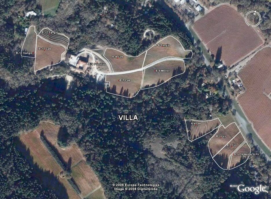Aerial view of a villa surrounded by vineyards and trees, labeled with field names.