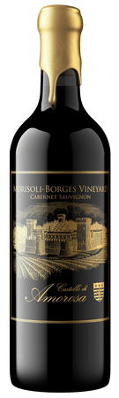 Bottle of red wine with gold foil around the neck. The label features a castle illustration in gold.