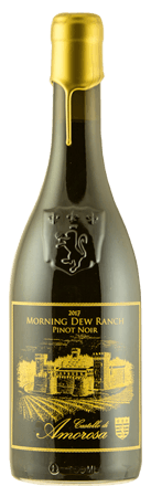 Bottle of wine with gold wax seal and black label with gold lettering.