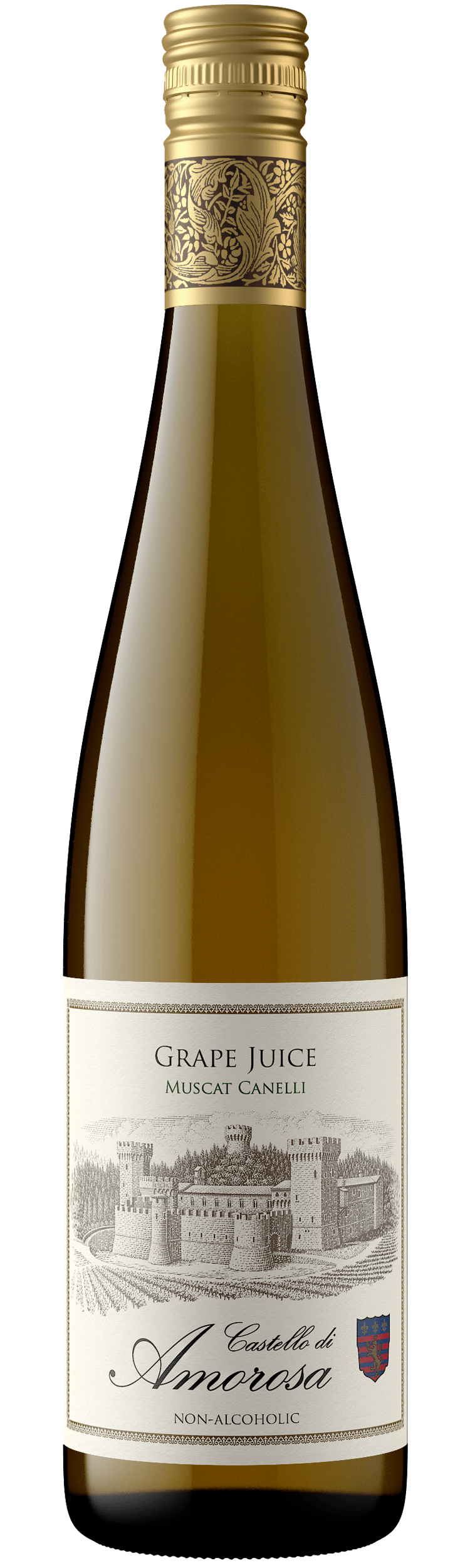 Wine bottle with a white label featuring a drawing of a building and text.