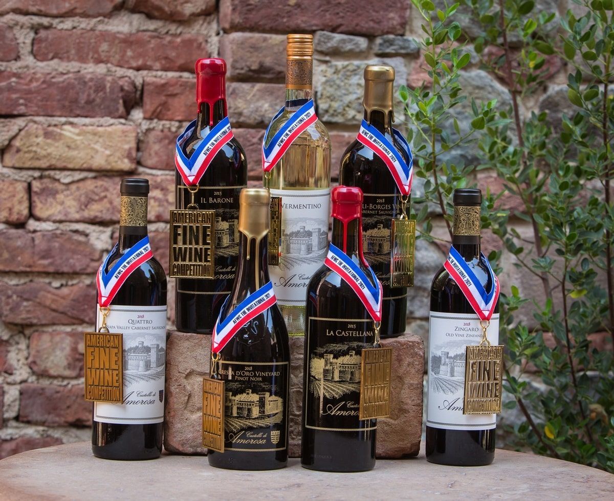 Bottles of wine with medals and ribbons