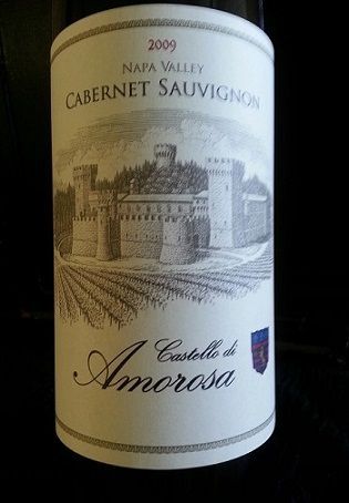 Bottle of 2009 Castello di Amorosa Napa Valley Cabernet Sauvignon with castle label.
