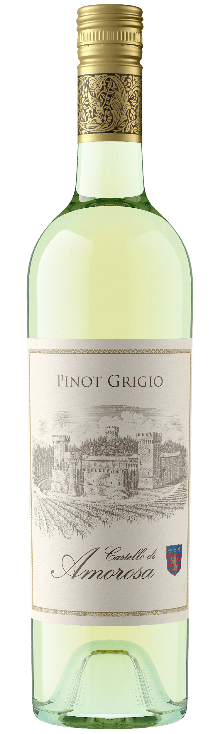 Bottle of white wine with label illustration.
