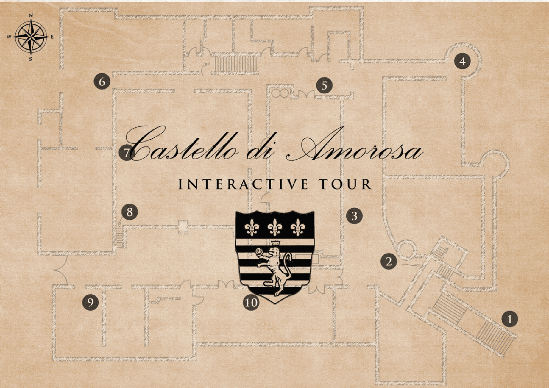 Floor plan of Castello di Amorosa with numbered points, compass rose, and crest.