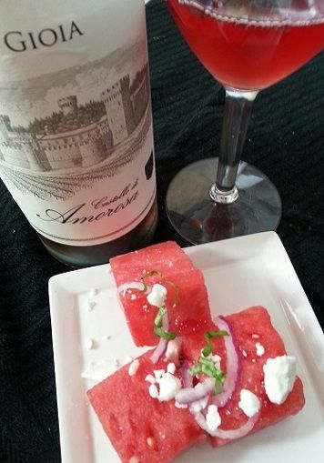 Watermelon salad with feta and wine