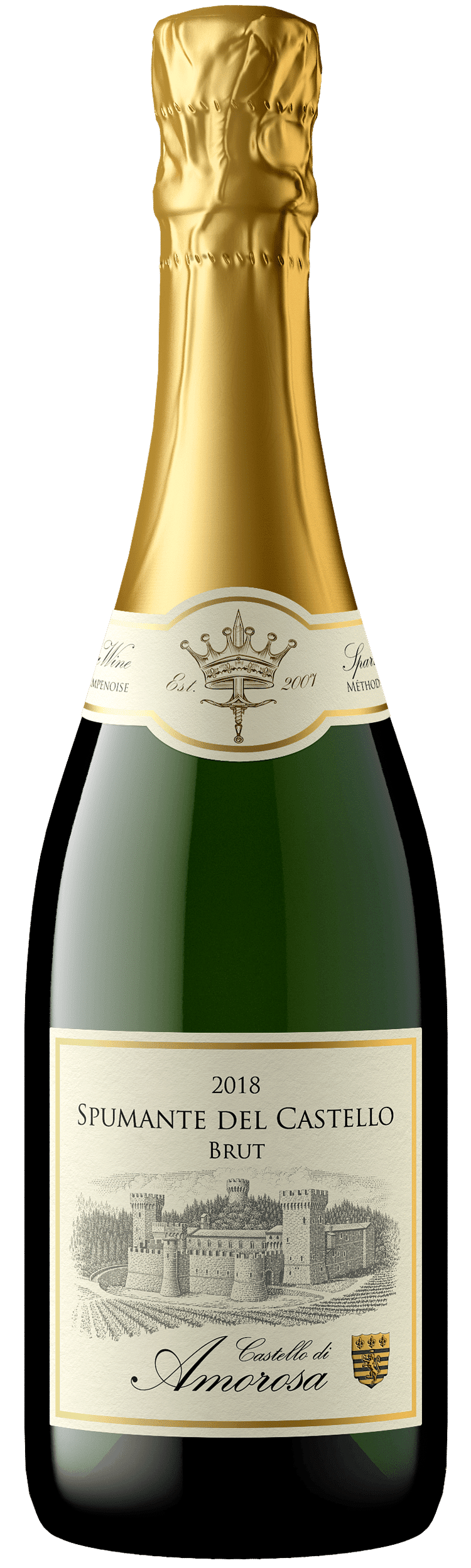 Champagne bottle with gold foil, green glass, and a label featuring a building illustration.