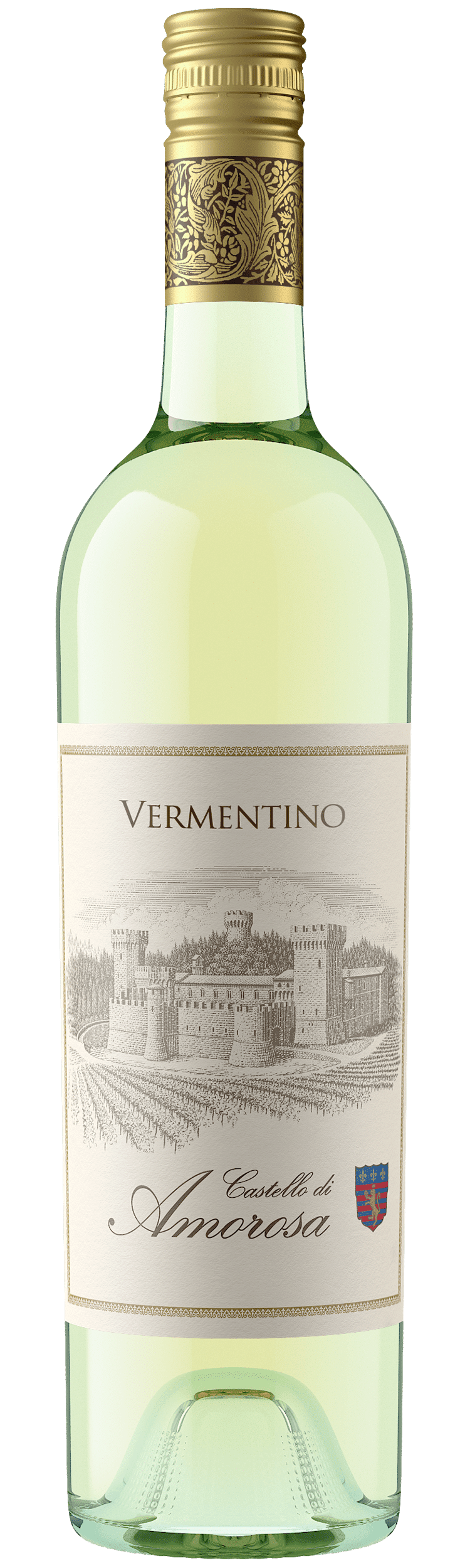 A green-tinted wine bottle with a gold top and label featuring an illustration of a building.