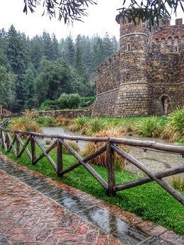 Castle surrounded by greenery on a rainy day