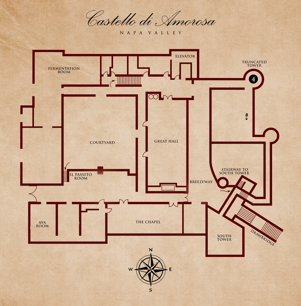 Floor plan of Castello di Amorosa, a medieval-style castle, showing rooms, towers, and stairways, labeled in Italian.