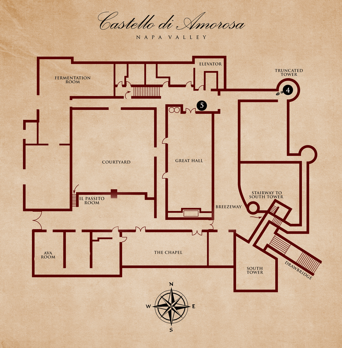 Floor plan of Castello di Amorosa winery; shows rooms and features like a tower and stairwells.