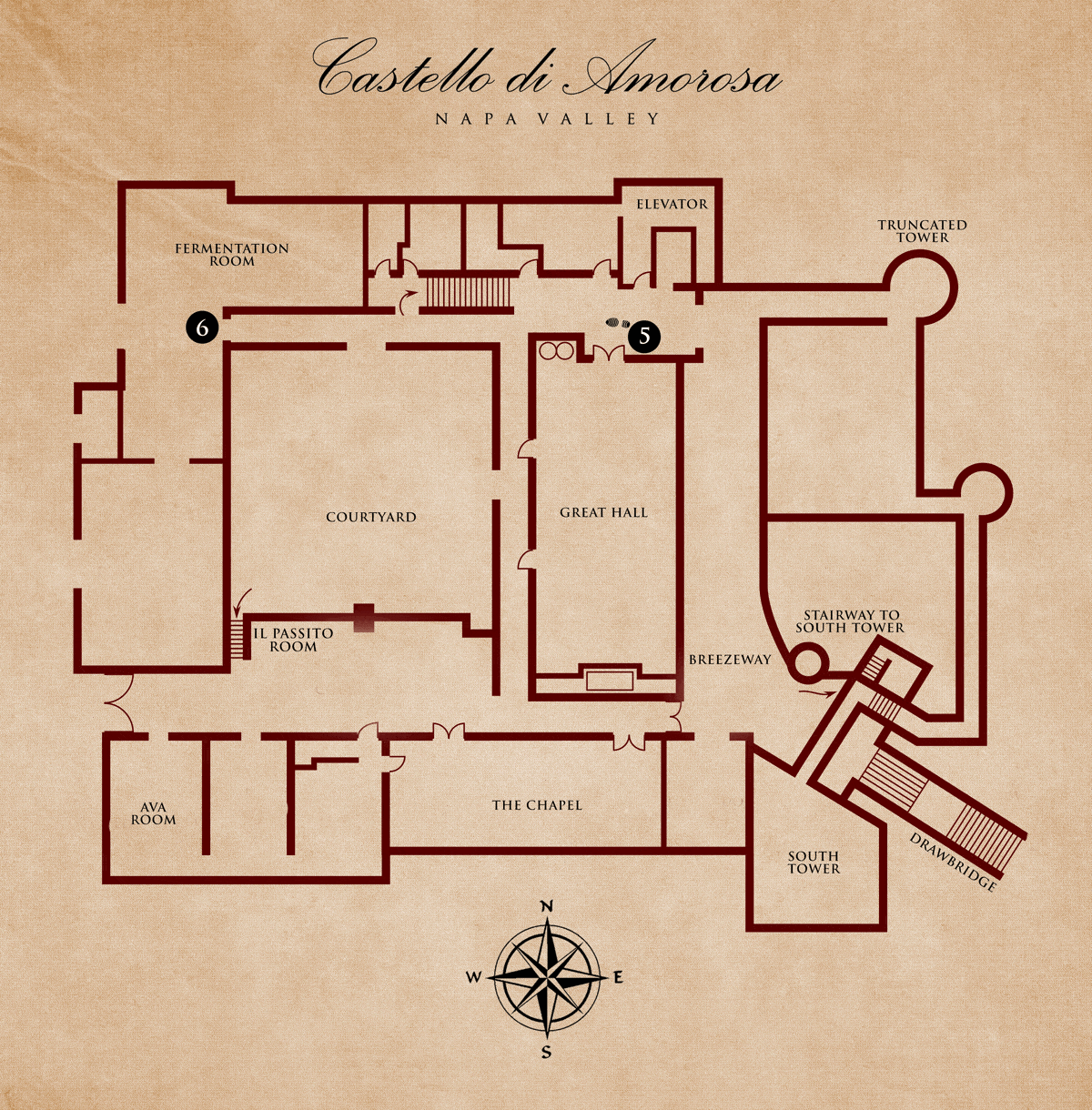 Floor plan of Castello di Amorosa with rooms labeled. Brown lines on a parchment background.