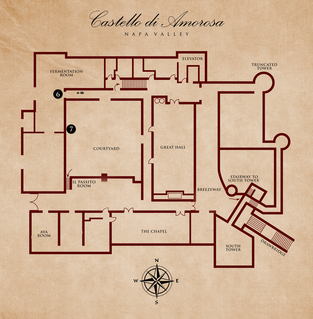 Floor plan of Castello di Amorosa with rooms labeled and a compass rose.