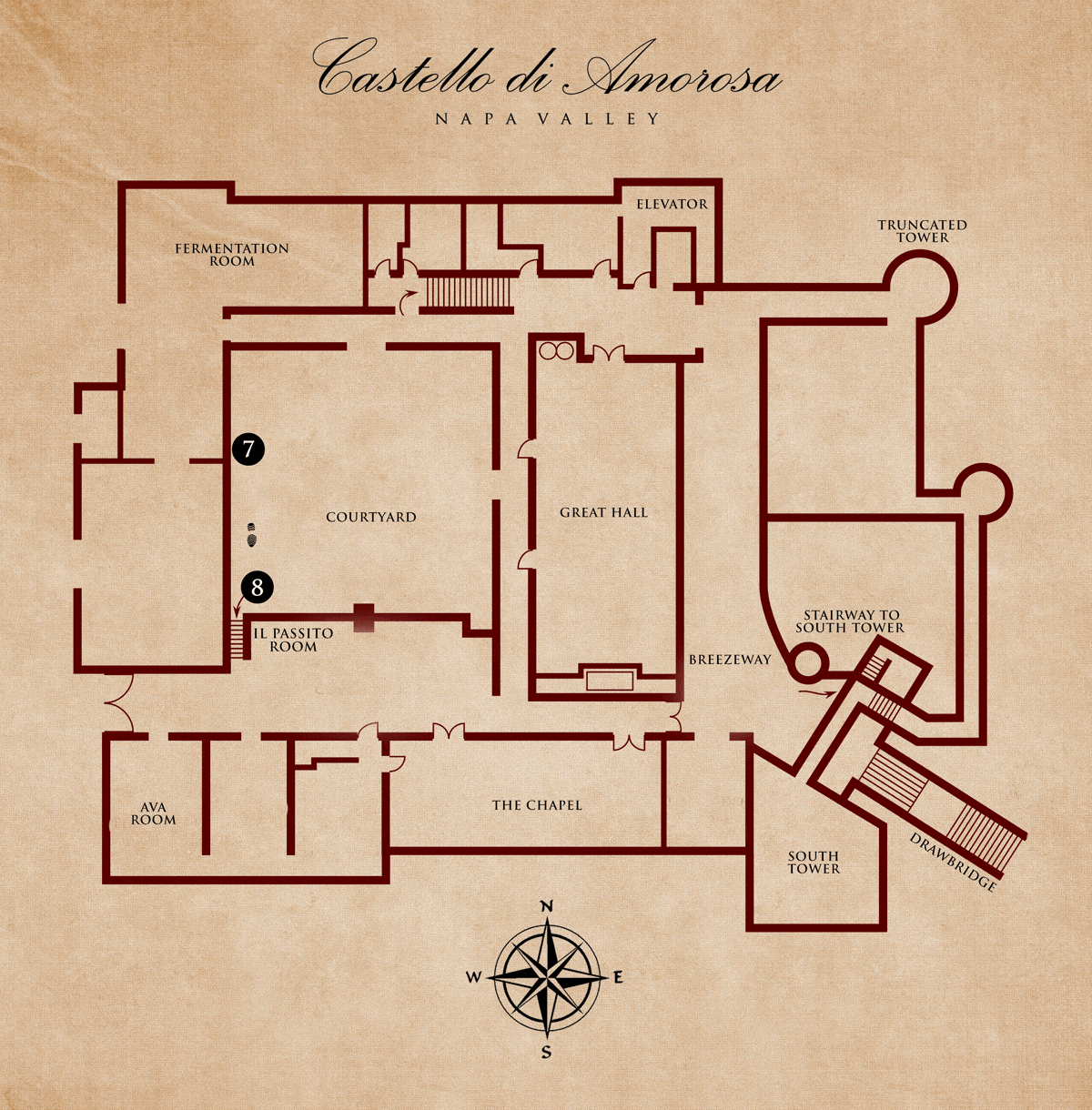 Floor plan of Castello di Amorosa, a castle with various rooms, towers, and a compass rose.