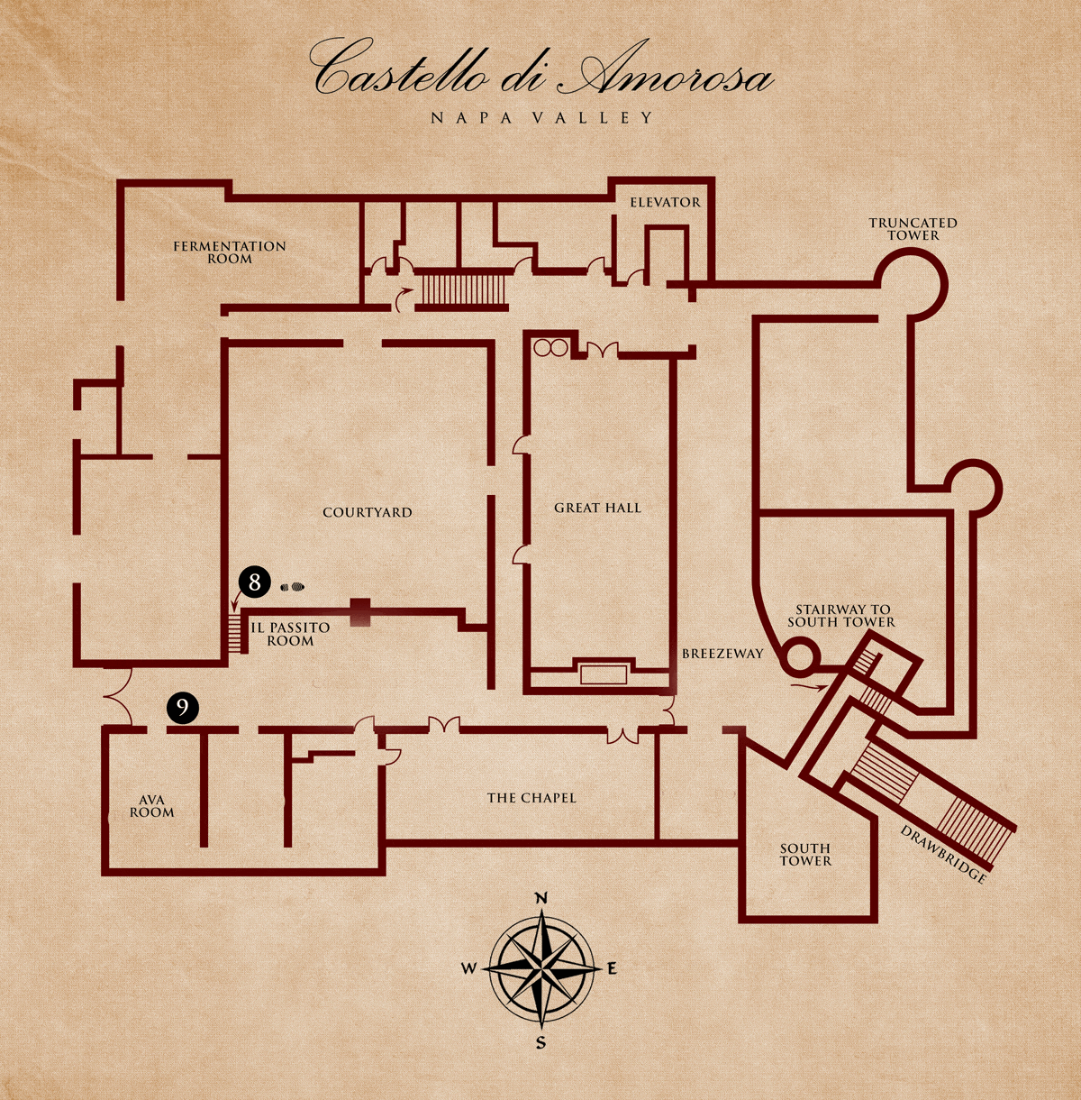 Floor plan of Castello di Amorosa with rooms labeled and a compass rose.