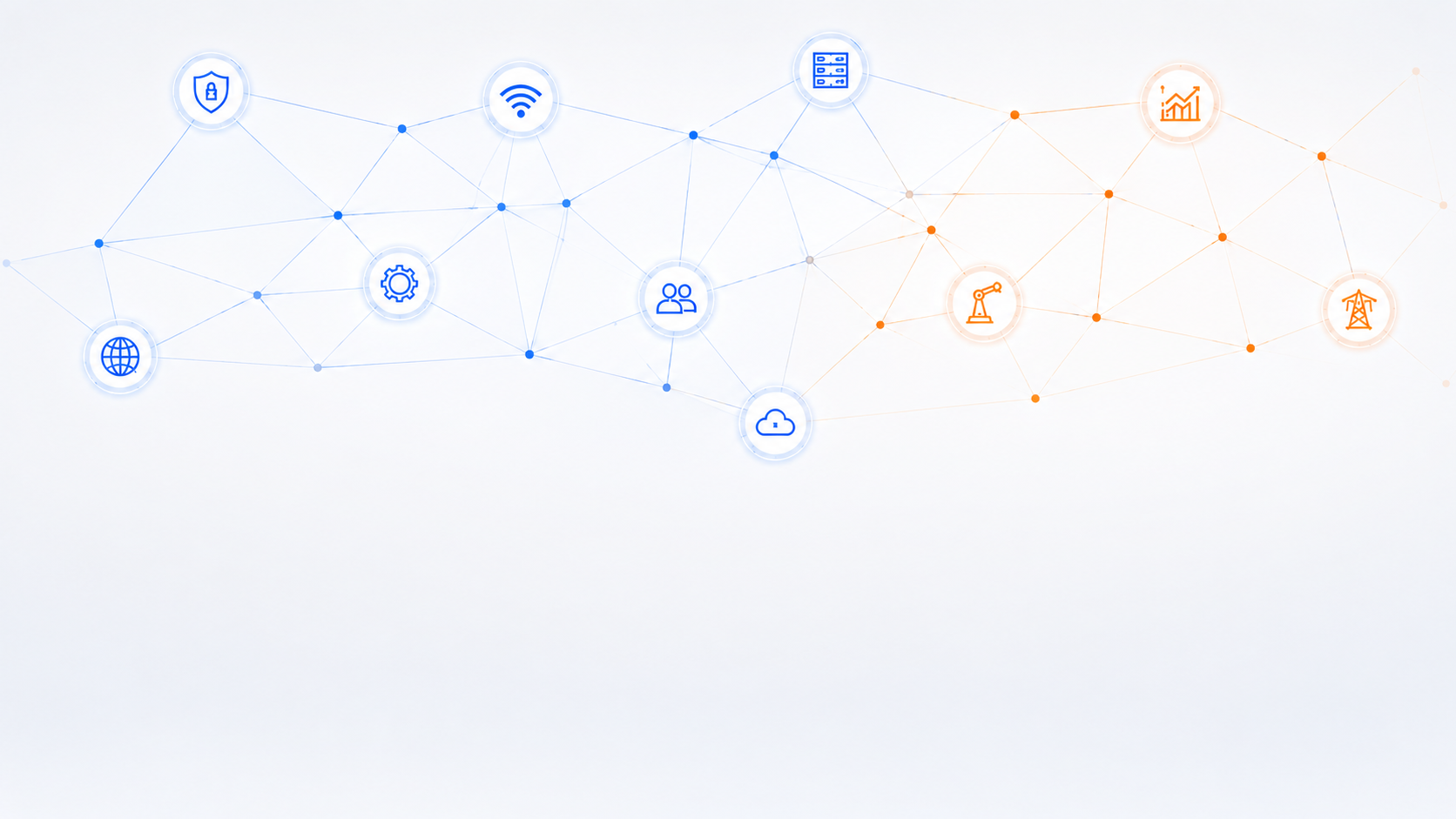 Verbundene blaue und orangefarbene Netzwerksymbole, die durch gestrichelte Linien auf weißem Hintergrund verbunden sind