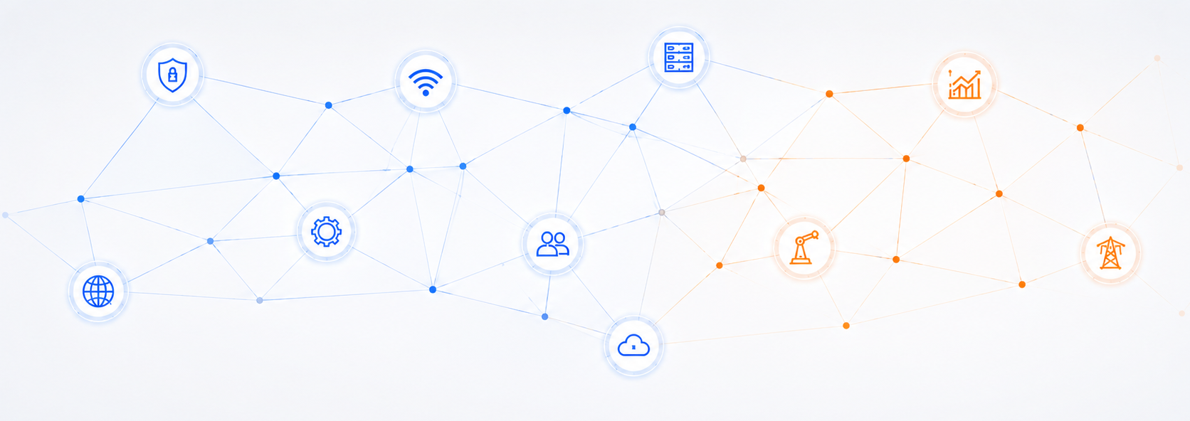 Minimales Netzwerkdiagramm mit blauen und orangen verbundenen Symbolen auf weißem Hintergrund