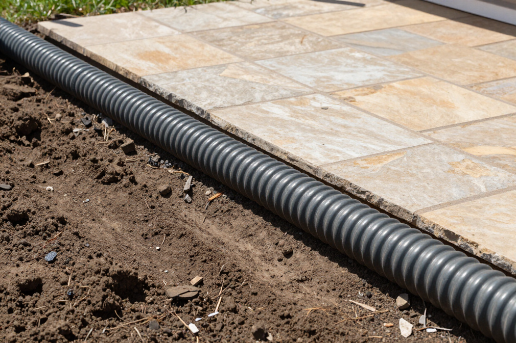 Drainage pipe installation along stone patio edge