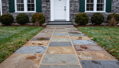 Freshly installed flagstone walkway leading to a New England home
