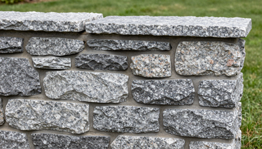 Dry-stack granite stone wall in Maine yard