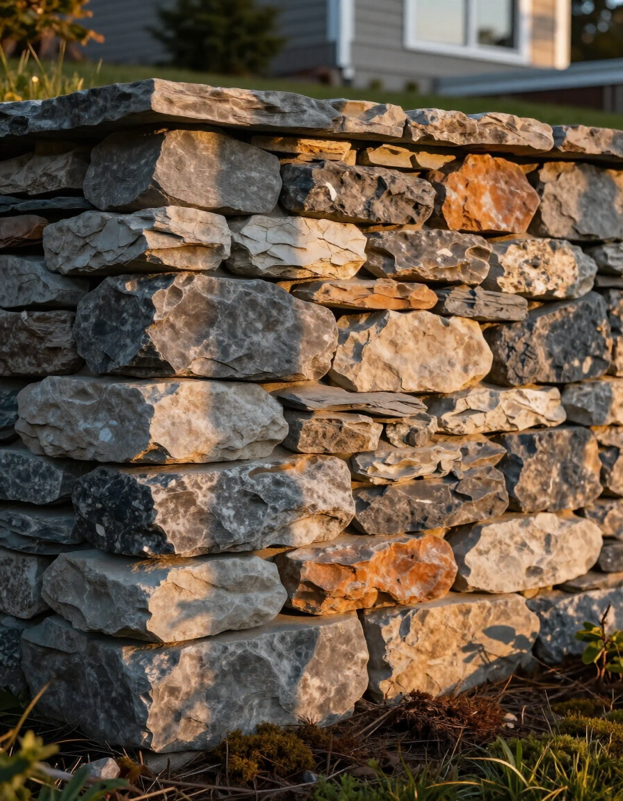 Natural stone retaining wall on a Maine residential property at golden hour