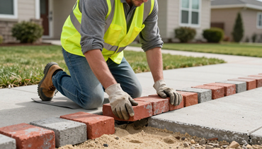Worker resetting sunken paver blocks in a residential walkway
