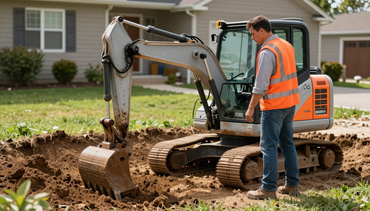 Mini excavator working a residential yard for site preparation