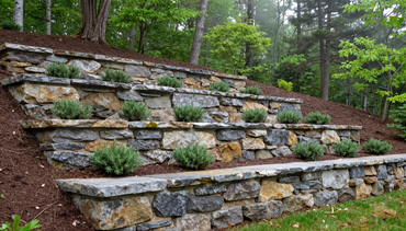 Tiered natural stone retaining wall on a sloped Maine backyard