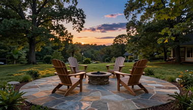 Completed natural stone patio at dusk with Adirondack chairs