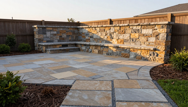 Finished backyard renovation showing patio, stone wall, and walkway