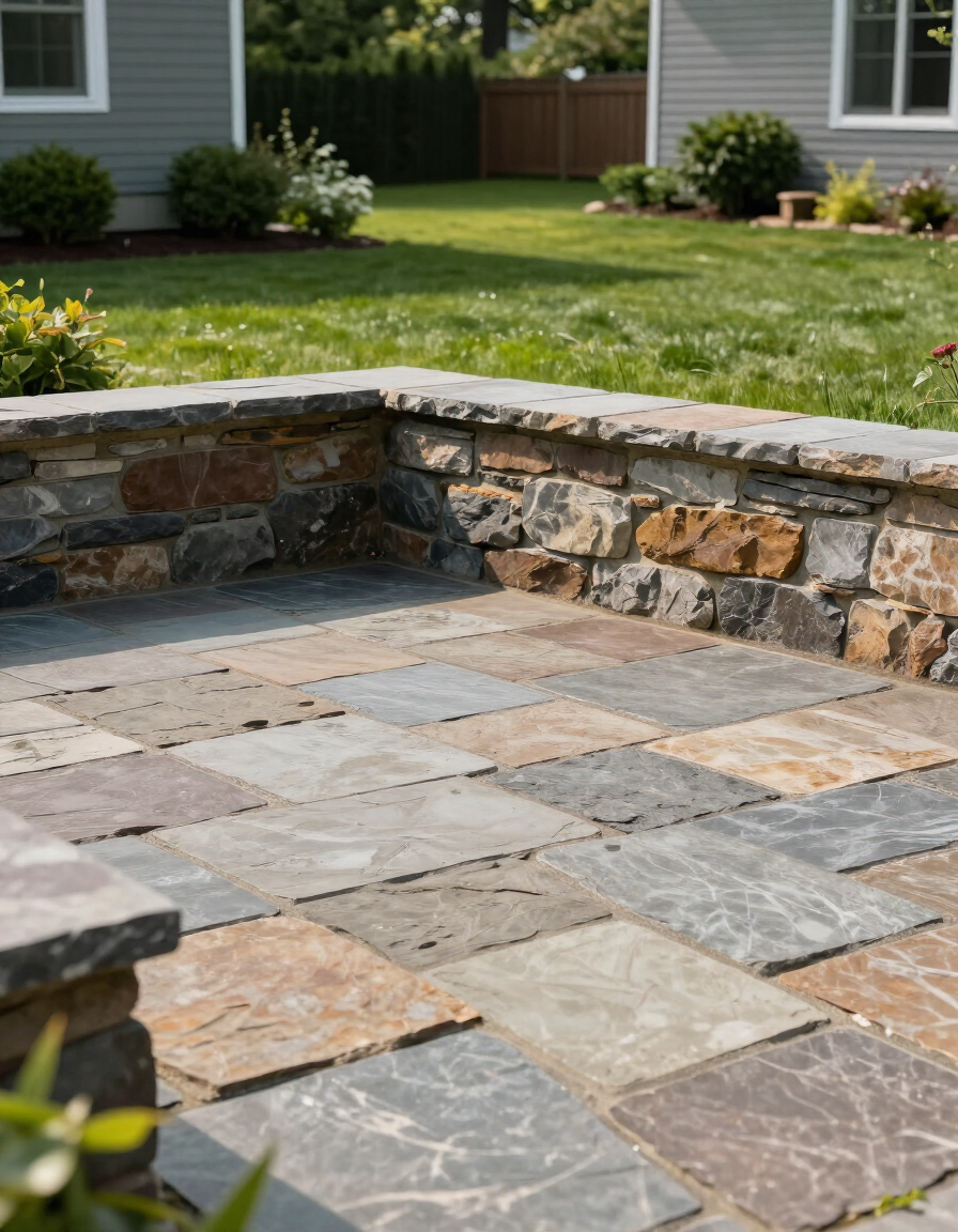 Stone-wall-lined backyard with freshly built natural stone patio in Maine