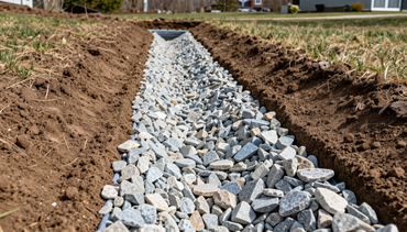 Completed French drain trench with stone aggregate in a Maine yard